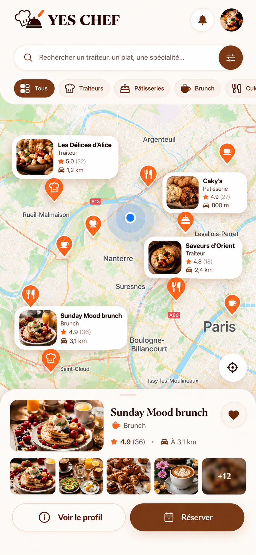 Carte Yes Chef avec les prestataires géolocalisés et la fiche Sunday Mood brunch