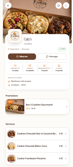 Profil réel du prestataire Caky’s, ses cookies et ses services