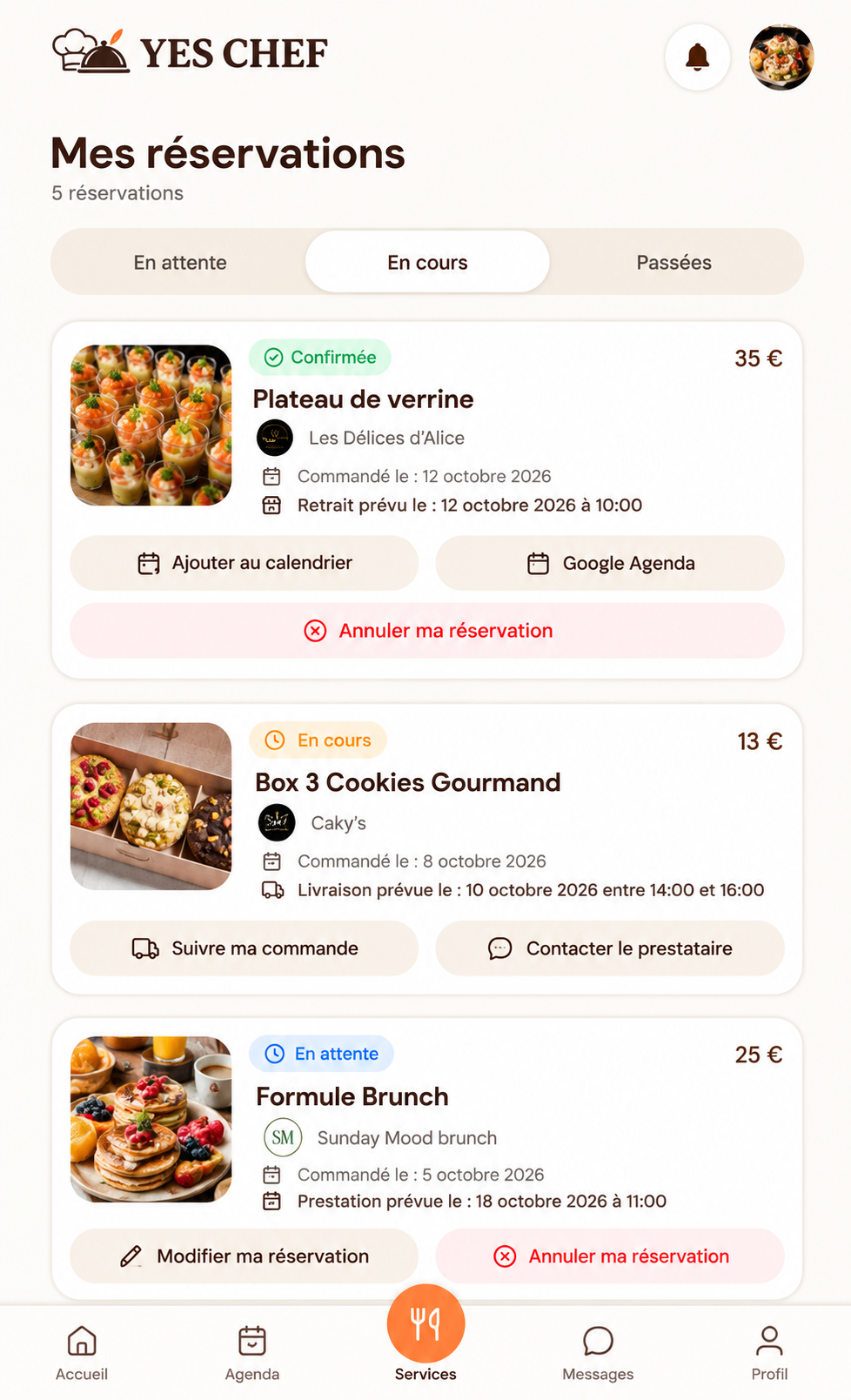 Mes réservations Yes Chef avec onglets, statuts, montants et actions