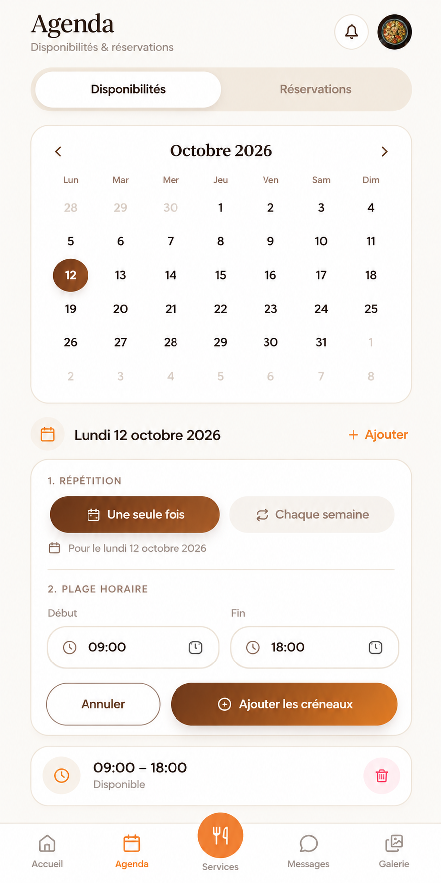 Agenda prestataire Yes Chef avec calendrier, date sélectionnée et gestion des créneaux