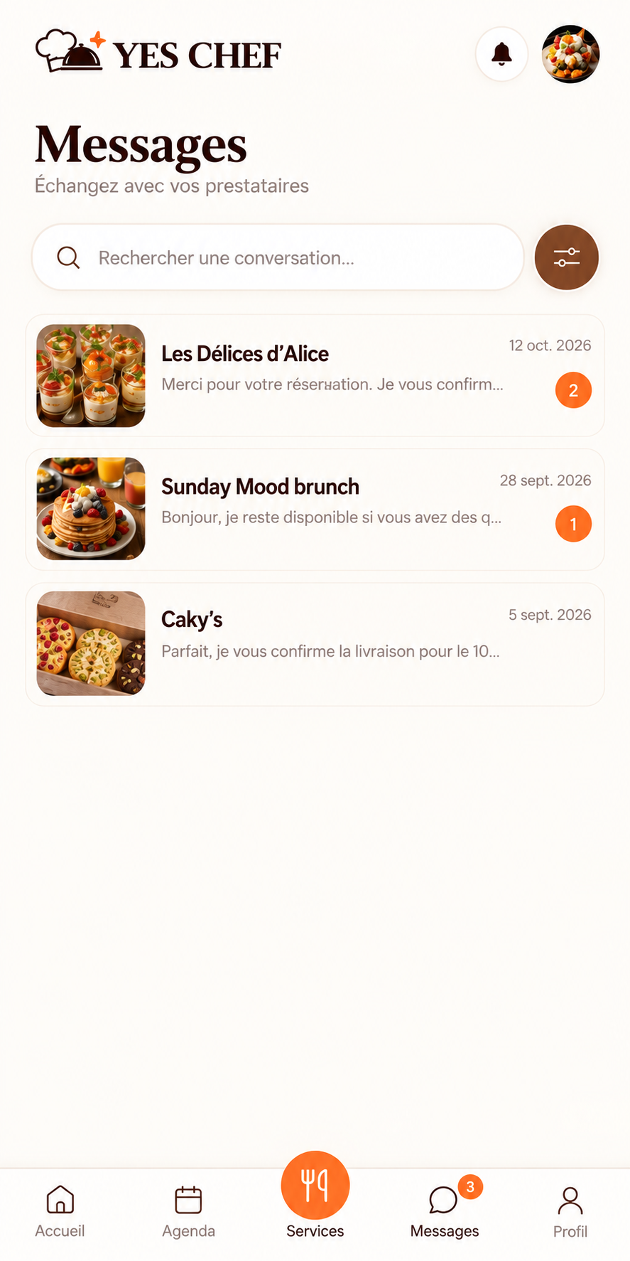 Messagerie Yes Chef avec les conversations des prestataires et messages non lus
