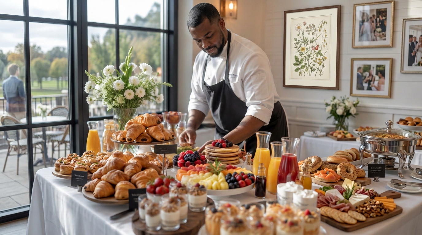 Chef traiteur composant un brunch avec viennoiseries, fruits et pancakes