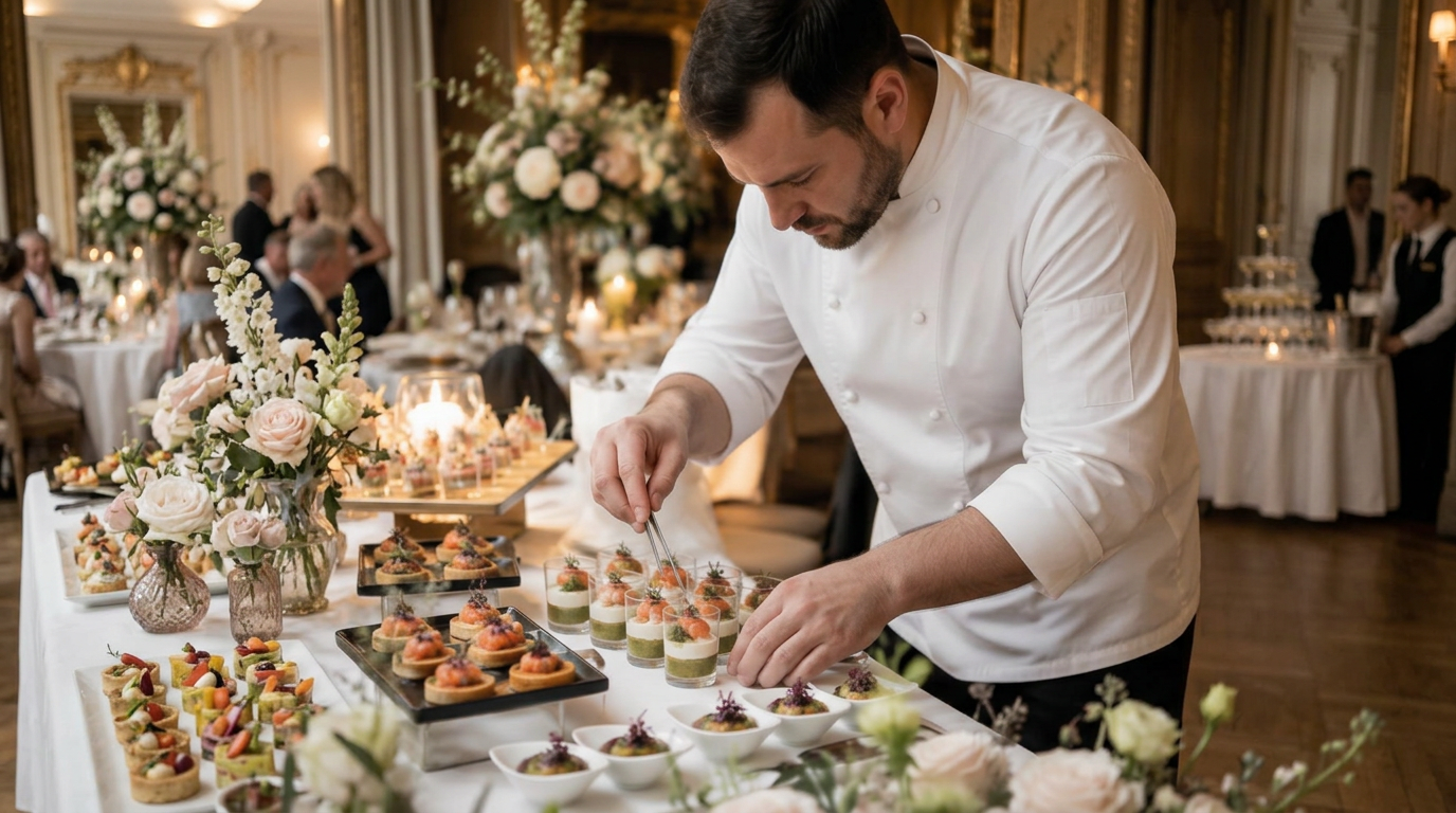 Traiteur dressant des verrines et pièces cocktail pour un buffet de mariage