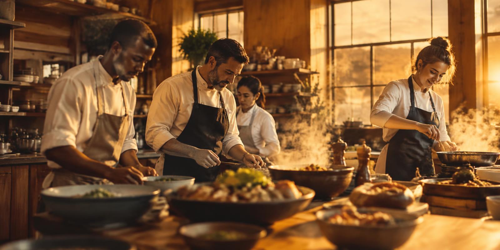 Des professionnels culinaires cuisinent ensemble dans une cuisine chaleureuse